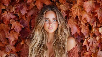 A captivating portrait of a woman with golden locks, set against a vibrant autumn backdrop, encapsulating charm, allure, and seasonal beauty in harmonious tones.