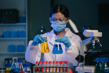 Wall Mural - scientist mixing chemical liquids in the chemistry lab. researcher working in the chemical laborator
