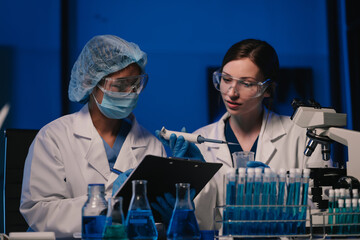 Wall Mural - team scientist mixing chemical liquids in the chemistry lab. researcher working in the chemical labo