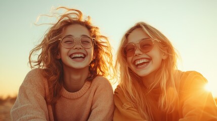 Two young friends share a moment of spontaneous laughter in the warm sunshine, capturing the essence of companionship, joy, and youthful energy outdoors.