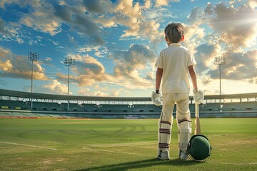 A young boy in a white cricket outfit, holding his bat and helmet beside him, standing at the wicket waiting for action to start, with a green field and stadium background, a blue sky with clouds,