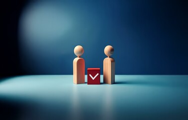 Two wooden figures stand on a blue surface, one on either side of a red block with a white checkmark on it.