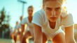 © Dulemegapixel - A focused female athlete in white sportswear prepares to start a race on the track, embodying determination and competitive spirit under the morning sun.