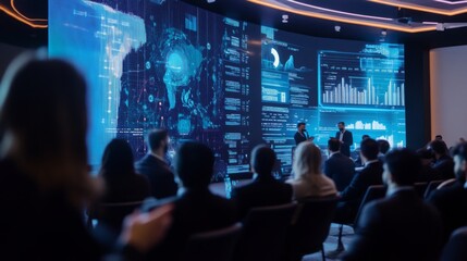 Poster - A group of professionals attentively listens as two speakers present data on a large screen. The setting features advanced technology and a modern design, highlighting a collaborative atmosphere.