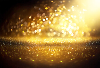 Poster - Golden glitter and blurred bokeh lights on a black background.
