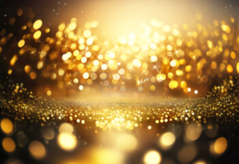 Poster - Golden glitter sparkles with bokeh lights on a dark background.
