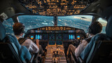 This illustration depicts a general view of the cockpit of a commercial flight simulator, where two pilots are seated and preparing to start their flight during a training session.