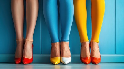 This vibrant image showcases three pairs of colorful high heels and matching leggings, displayed against a striking blue background, highlighting style and fashion trends.