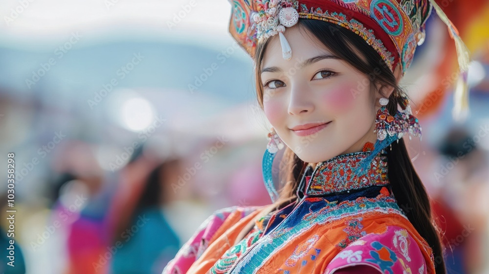 Young Mongolian beauty in a vibrant traditional dress, with the ...