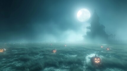 Wall Mural - a misty pumpkin field beneath a full moon, with a haunted house standing in the distance. the pumpki