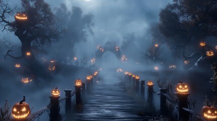 Wall Mural - a mist-covered bridge stretching across a dark, foggy lake, with glowing jack-o-lanterns lining the 