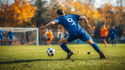 A soccer player dribbles the ball during a game.