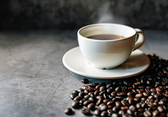 Wall Mural - Americano coffee cup and roasted coffee beans falling in a burlap sackon gray background, Black coffee cup aromatic