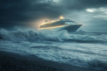 A real magnificent sea and beach, with lighted lighthouses and seagulls in the distance, cruise ships in the huge waves, occasionally raining rain,  full of danger and excitement.