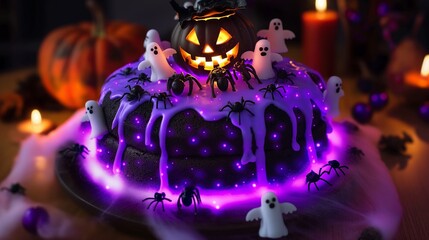 A large eerie Halloween cake with glowing purple and black icing, topped with tiny edible ghosts, spiders, and a glowing jack-o-lantern at the center.