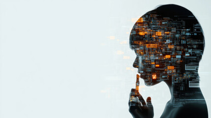 human silhouette with layers of digital data and technology, symbolizing privacy and information. image evokes sense of contemplation and secrecy in modern context