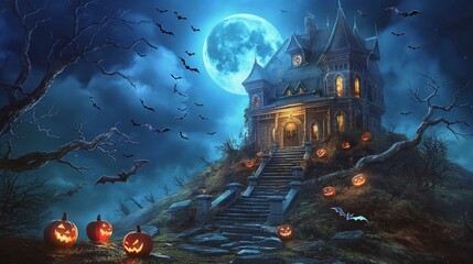 Wall Mural - a haunted house on a hill under a glowing full moon, surrounded by dark, twisted trees and bats flyi