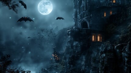 Wall Mural - a haunted castle on a cliffside, with bats flying across the glowing full moon, eerie lights shining