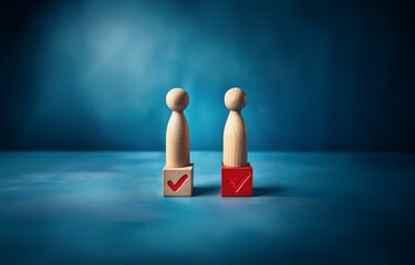 Two wooden figures stand on wooden blocks with red checkmarks.