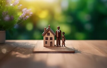 A wooden house model sits on a wooden table with two wooden figures standing in front of it.