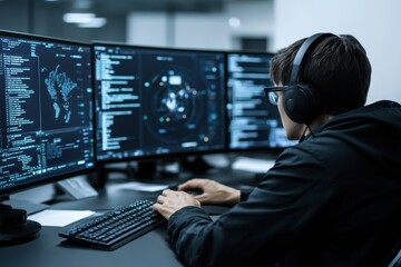 Focused programmer analyzing code on multiple monitors in modern workspace