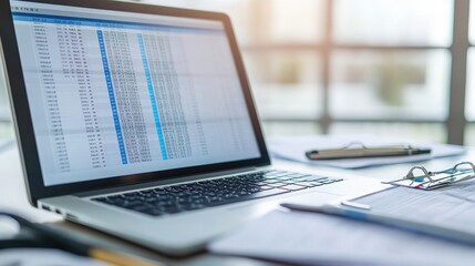 Close-up of a laptop screen showing medical bill codes on a spreadsheet. Office environment with financial papers and tech tools