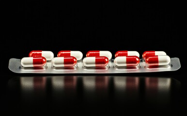 The capsule pills with red and white colors on a black background are nicely arranged in a blister pack