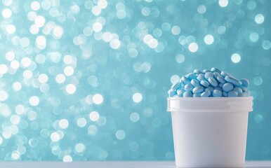 Display of bright blue tablets in a white cup with a shimmering blue background.