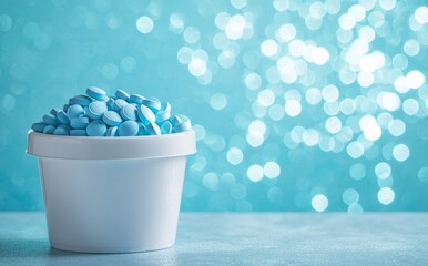 With a white cup, blue round tablets stand out against a shimmering blue background.