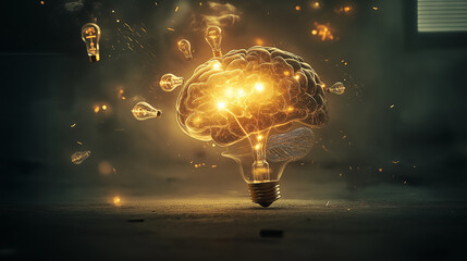 
Brain with lightbulbs, explosion of ideas, brainstorming for solutions, smart open mind for new direction, business concept