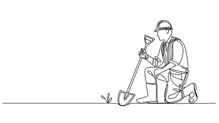 Wall Mural - animated continuous single line drawing of construction worker with shovel kneeling on ground, line art animation