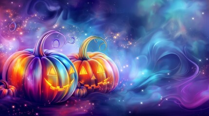 A glowing Halloween card with abstract colorful pumpkins and swirling mist, set against a dark purple and blue backdrop with twinkling stars, creating a mysterious and festive scene.