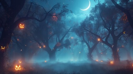 Wall Mural - a foggy forest clearing at night, with glowing jack-o-lanterns and a crescent moon casting an eerie 