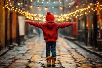 Sticker - Child in a red jacket walking down a narrow street lined with glowing hanging lights arms outstretched capturing joy wonder and the festive spirit in a lively outdoor setting