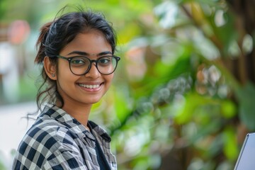 Candid portrait of a smiling young Indian female student with a laptop in an outdoor garden, looking at the camera,