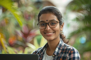 Candid portrait of a smiling young Indian female student with a laptop in an outdoor garden, looking at the camera,