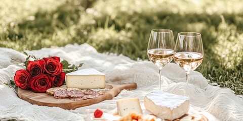 Perfect for a picnic: a blanket on the grass, wine glasses, cheese plate and a bouquet of red roses - the romantic simplicity of a Valentine's Day spent outdoors.