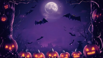 A Halloween night frame with glowing Lanterns at the bottom and bats flying around the top corners, all set against a dark purple sky with a full moon casting eerie light over the scene.