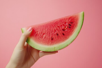 Fresh Watermelon Slice Held Against Pink Background