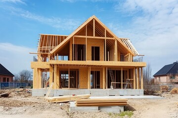 Modern Home Under Construction with Wooden Frame