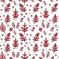 Seamless Christmas pattern with red pine branches on white background for festive designs