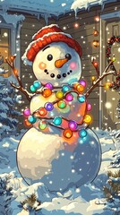 Sticker - Glowing Snowman, Christmas lights