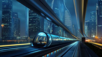 Aufkleber - A sleek, futuristic train sits at a modern station, surrounded by towering skyscrapers adorned with neon lights. The atmosphere is vibrant and lively, highlighting urban life in a city at night.