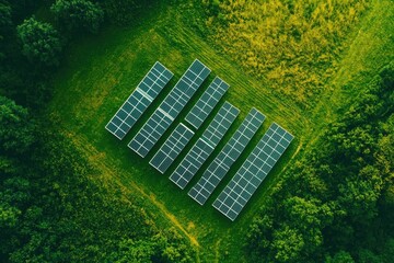 Aerial View of Solar Panel Array in Green Landscape