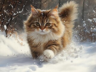 Wall Mural - a fluffy cat frolics in a snowy landscape, leaving tiny paw prints in the fresh white powder, surrou