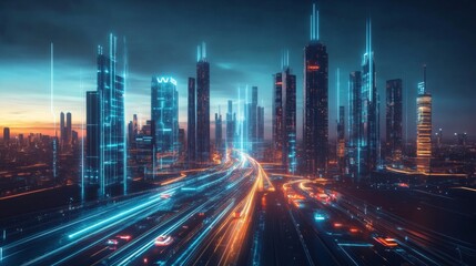 Aufkleber - A futuristic cityscape at night, viewed from above. The scene is dominated by tall skyscrapers, many of which are illuminated with neon lights