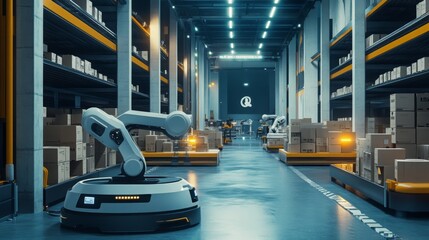Aufkleber - A bustling warehouse features advanced robotic arms working efficiently among stacks of packed boxes