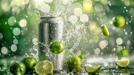 photo of silver can with lime drink splashin A single aluminum can with a silver top floats above a background of yellow lemons and green limes on a light green surface.