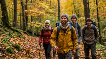 Group of backpackers hiking in the forest in the fall