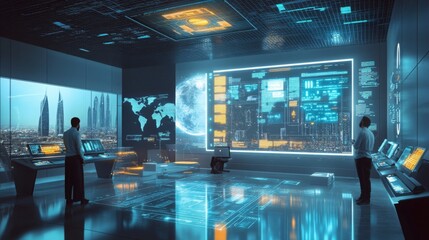 Poster - Two professionals engage with high-tech screens and controls in a modern control room overlooking a city skyline. The ambient lighting and digital displays create a dynamic atmosphere at dusk.